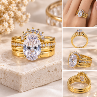 ذهبي Tone ستانلس ستيل Oval Crystal Halo Multi Band Ring