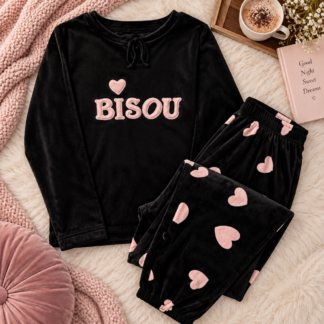 أسود Velvet Heart Print Winter Pajama طقم