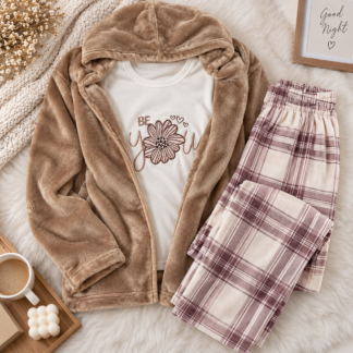 3 قطع Plush Fleece Pajama طقم مع Hooded Jacket بيج و Plaid