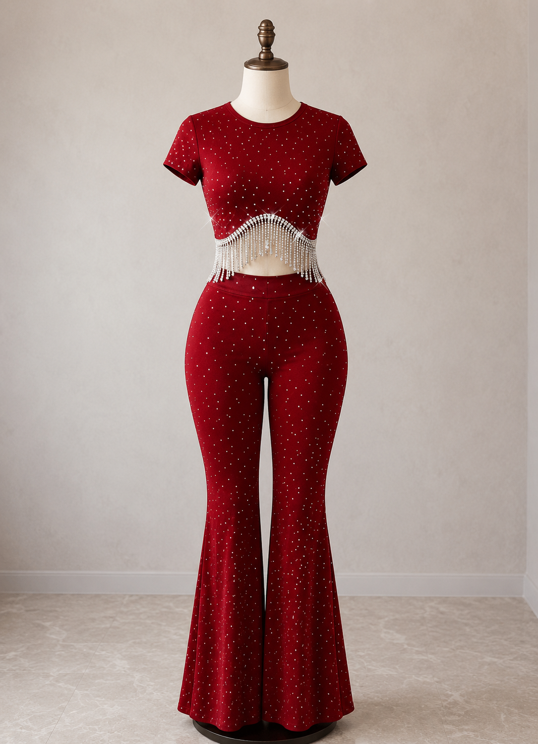 Women's Rhinestone Crop Top و Flared Pants - الصورة 3