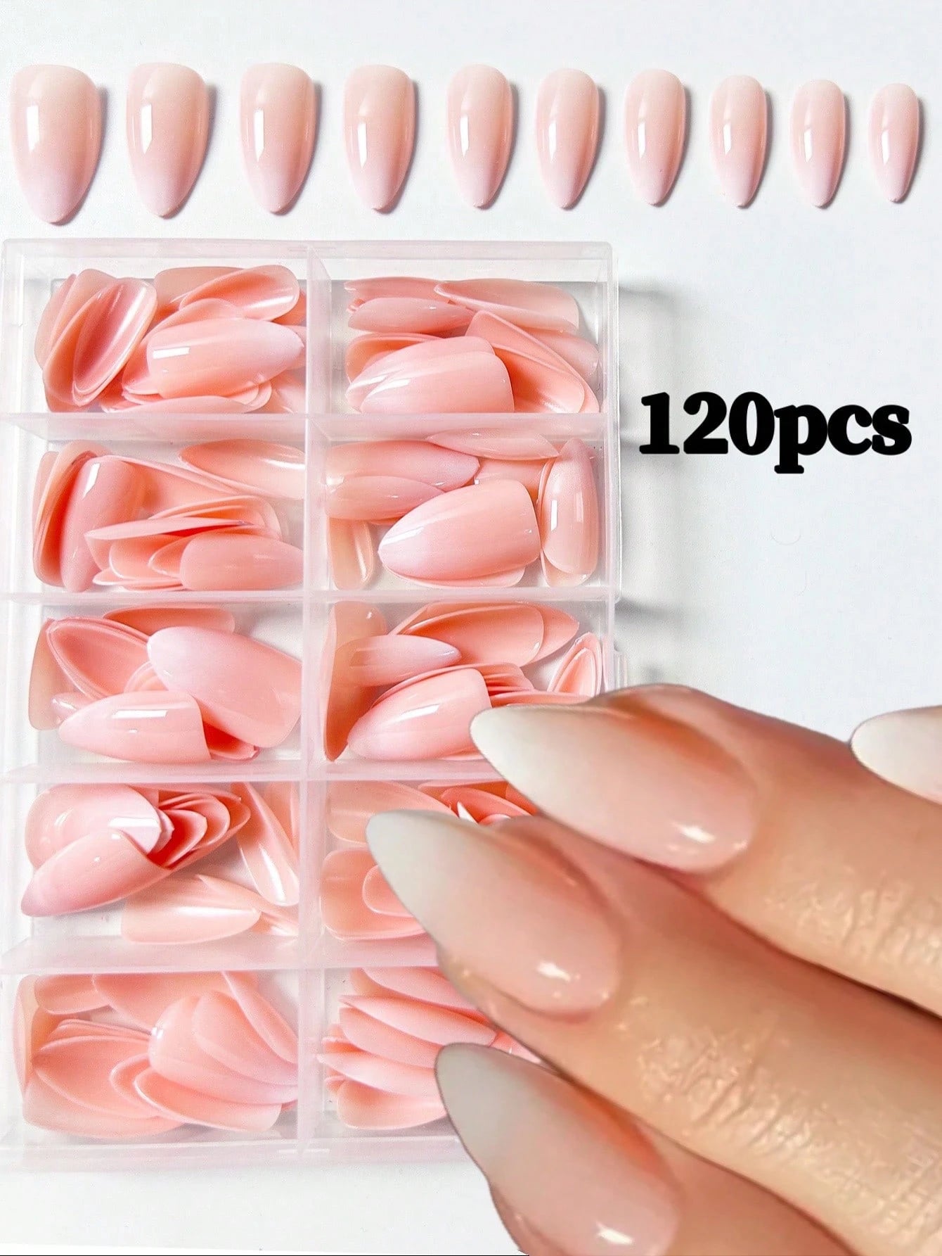 شي إن120قطع Box Medium Long لوز Nude Ombre Classic False Nail Stickers - الصورة 6