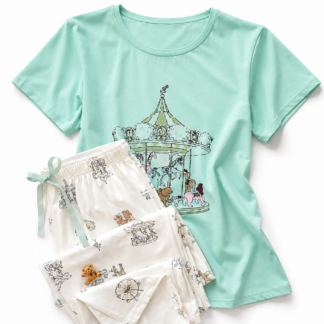 Mint Carousel Print Women's Pajama طقم