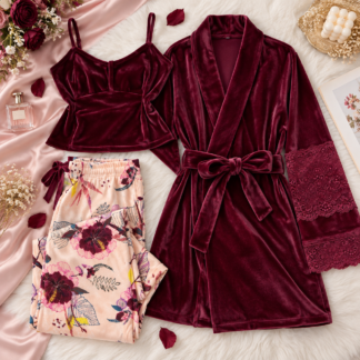 3 قطع Velvet Pajama طقم مع Lace Robe و بنقشة زهور Pants