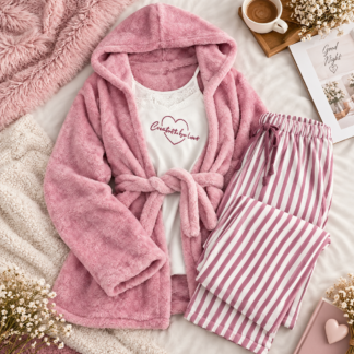 3 قطع Winter Pajama طقم Plush Hooded Robe Lace Top و Striped Pants