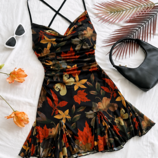 أسود Autumn بنقشة زهور Ruched Mini Dress