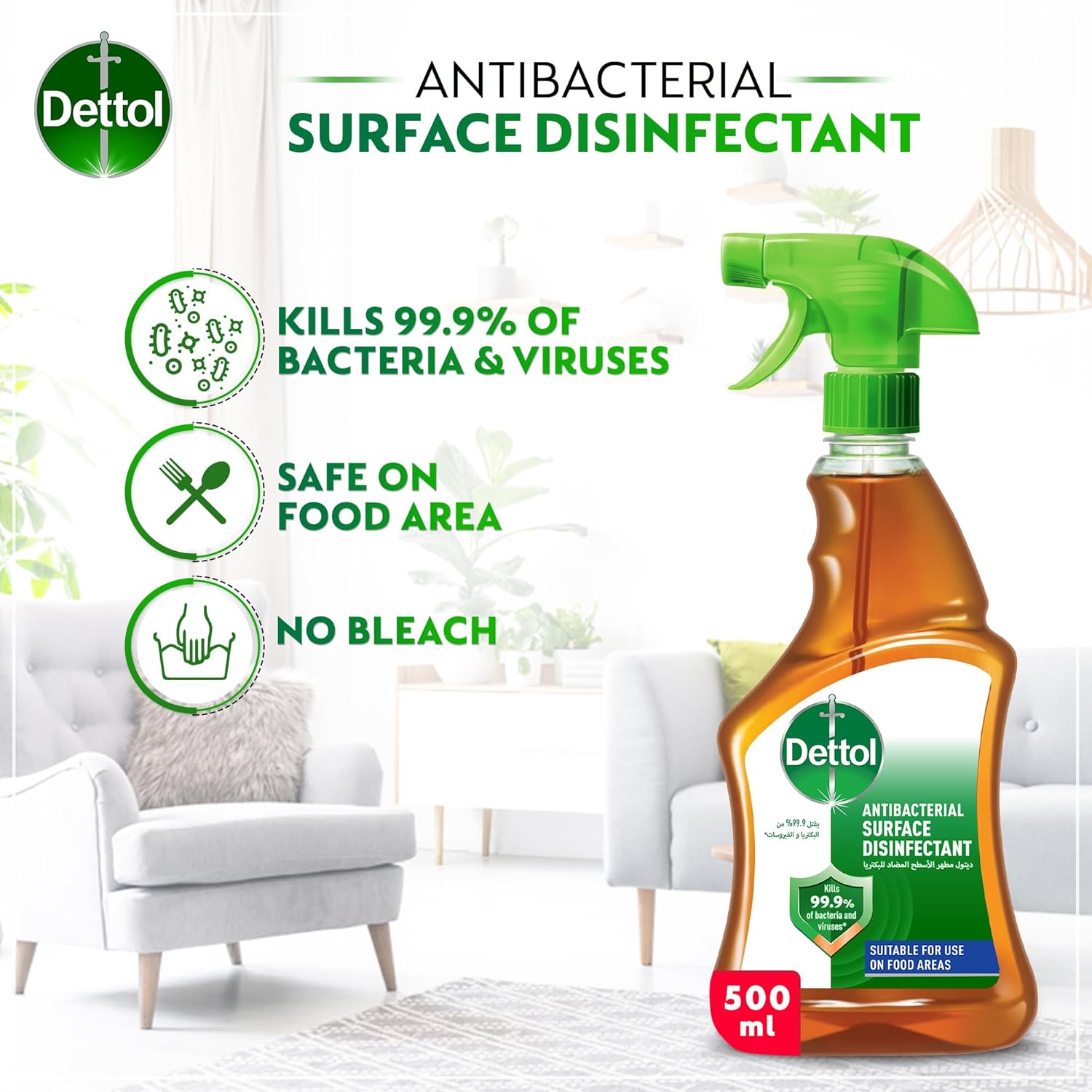 Dettol Original Anti-Bacterial Surface Disinfectant سائل Trigger 500مل - الصورة 6