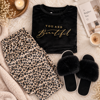 أسود Velvet Leopard Print Winter Pajama طقم Big Size