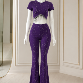 Women's Rhinestone Crop Top و Flared Pants