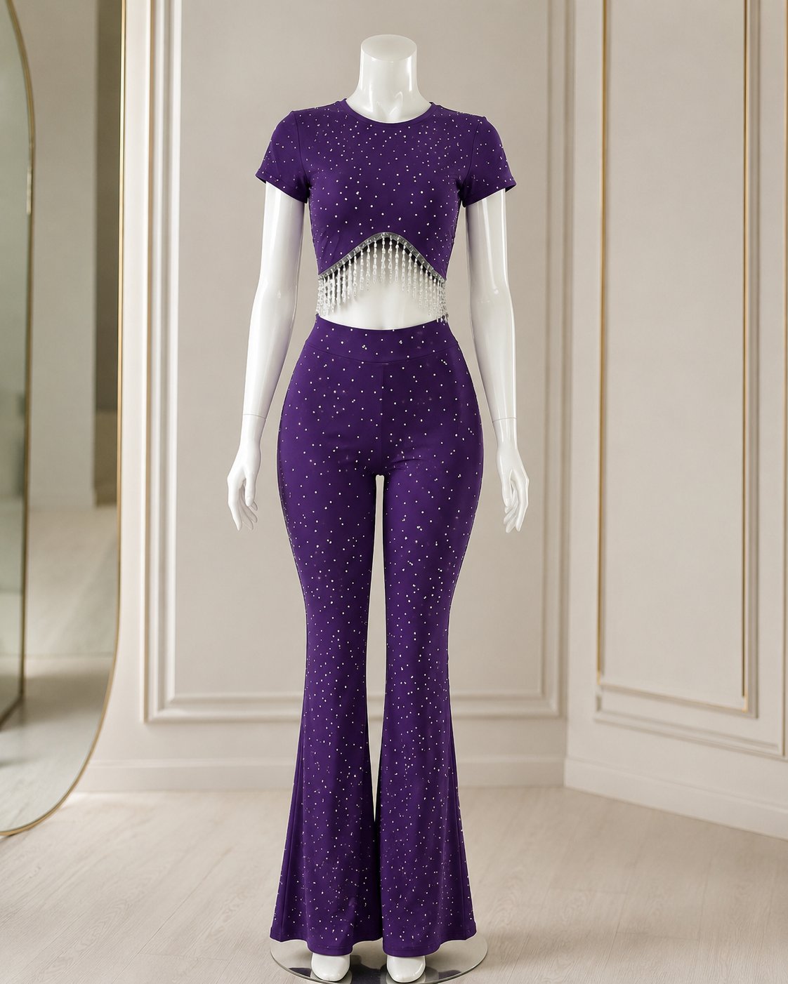 Women's Rhinestone Crop Top و Flared Pants