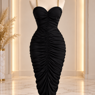 أسود Ruched Bodycon Dress مع ذهبي Chain Straps