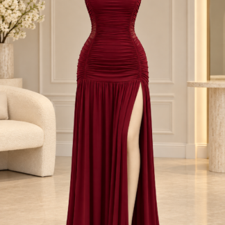 نبيتي Ruched Halter Neck Maxi Dress مع Thigh-High Slit