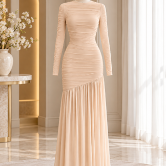 Champagne Ruched Long Sleeve Maxi Dress مع Flared Hem