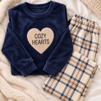 Navy Cozy Hearts Fleece Pajama طقم مع Plaid Pants