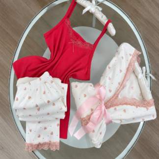 وردي Heart Print 3قطع Pajama طقم