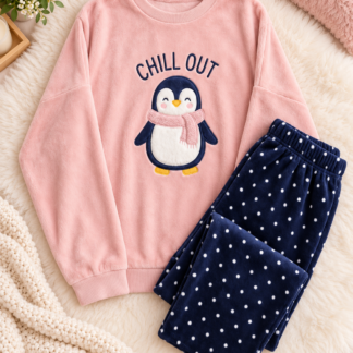 وردي Penguin Fleece Pajama طقم مع Navy Polka Dot Pants