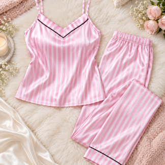 وردي و أبيض Striped Satin Pajama طقم مع Cami Top و Pants