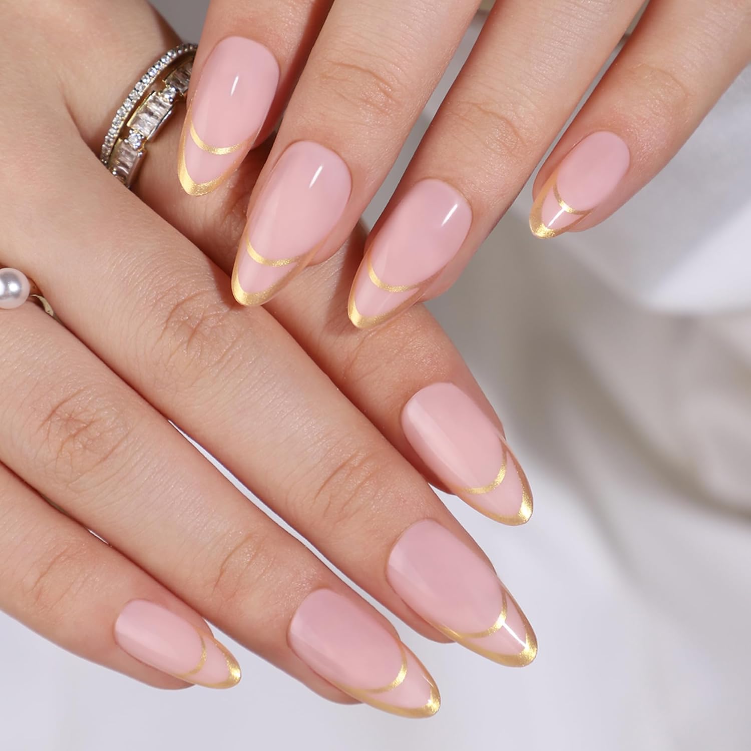 شي إن 24قطع ذهبي Double French Tips أظافر تركيب