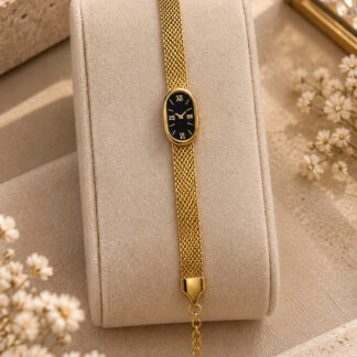 ستانلس ستيل ذهبي Mesh Bracelet مع أسود Oval Charm