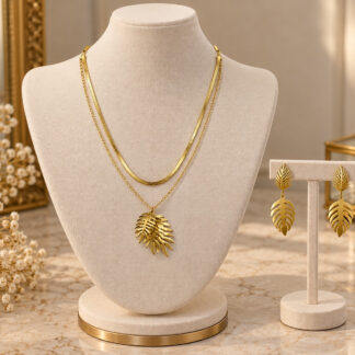 ستانلس ستيل ذهبي Tone Layered Tropical Leaf Necklace و Earrings طقم