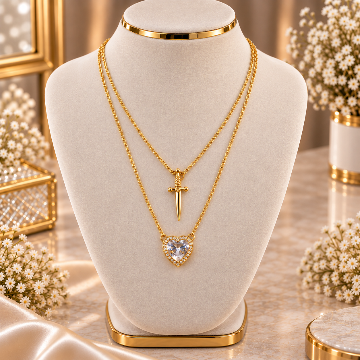 ستانلس ستيل Layered Sword و Crystal Heart Necklace