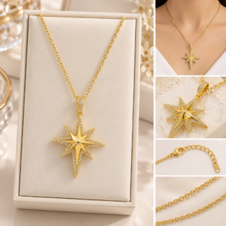 ستانلس ستيل North Star Pendant Necklace مع Crystal Details