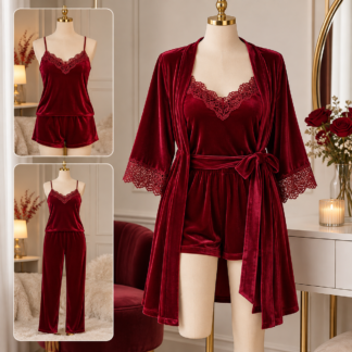 Velvet Lace Pajama طقم مع Robe Shorts و Pants