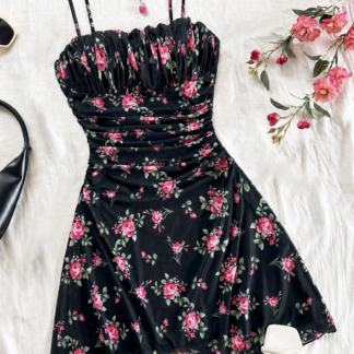 أسود بنقشة زهور Ruched Mini Dress