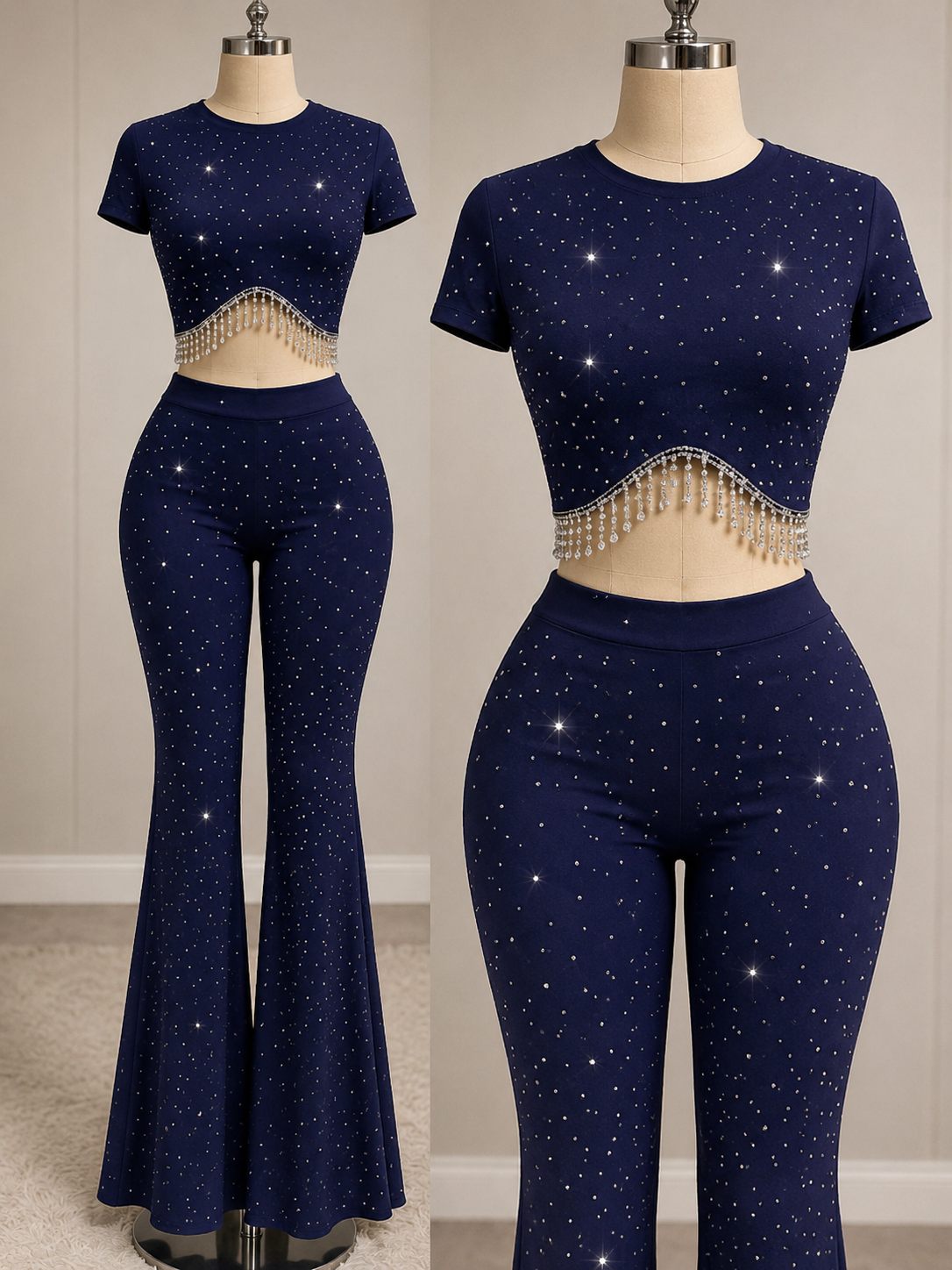 Women's Rhinestone Crop Top و Flared Pants - الصورة 2