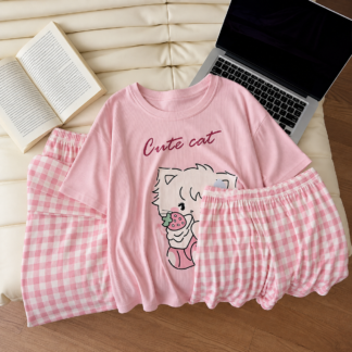 وردي Cute Cat Print Women's Pajama طقم – 3 قطع